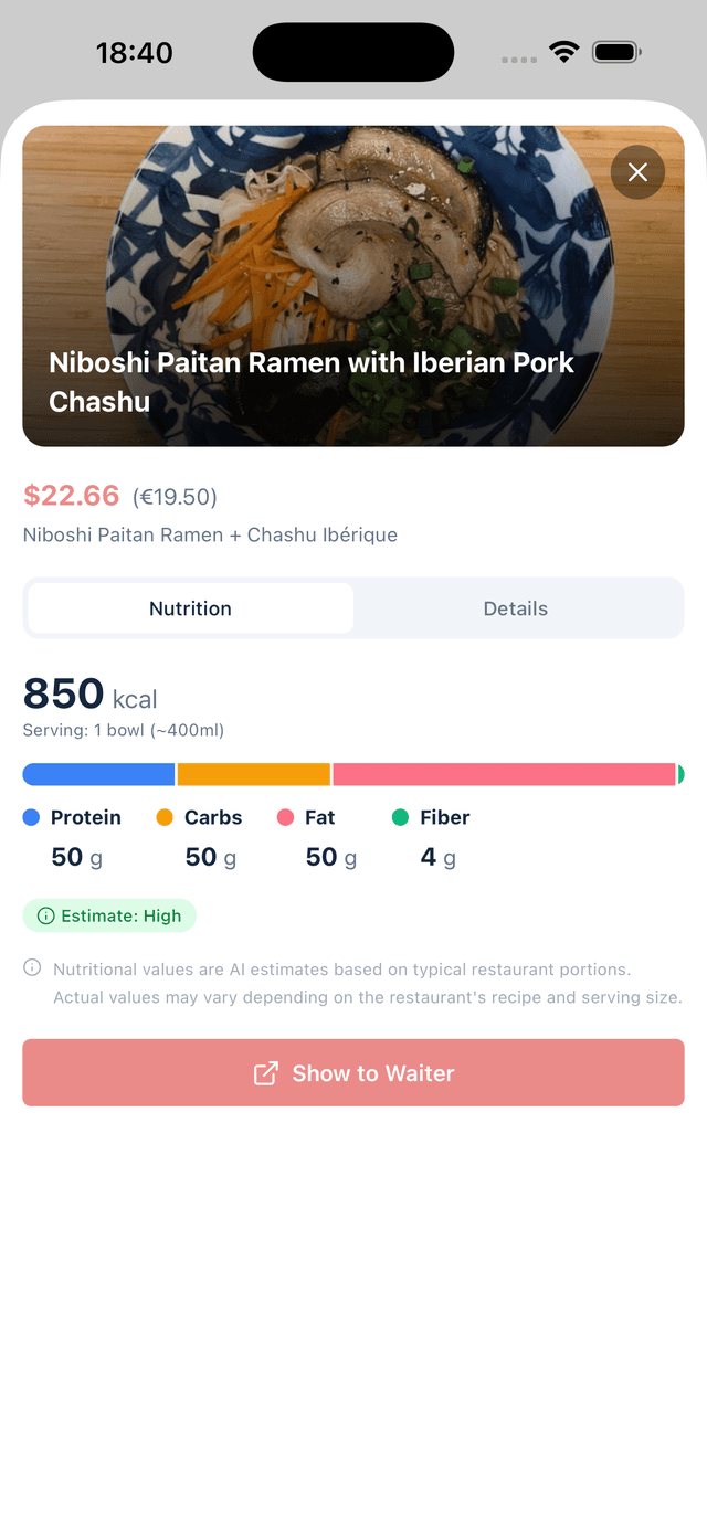 MenuVista nutrition breakdown showing calories, protein, carbs, and fat for a dish